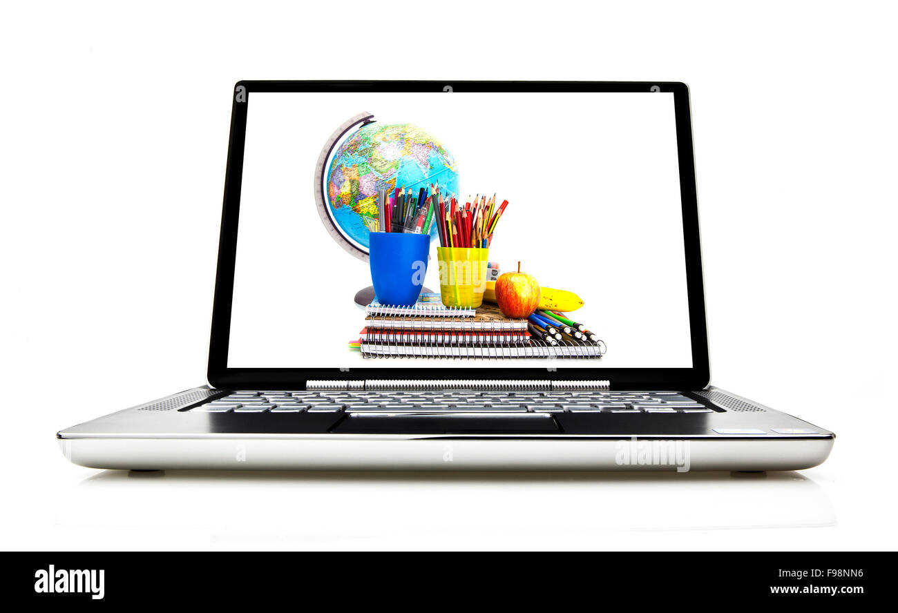 Laptop, isoliert auf weiss mit Bildschirm zeigt Schulkonzept Stockfoto