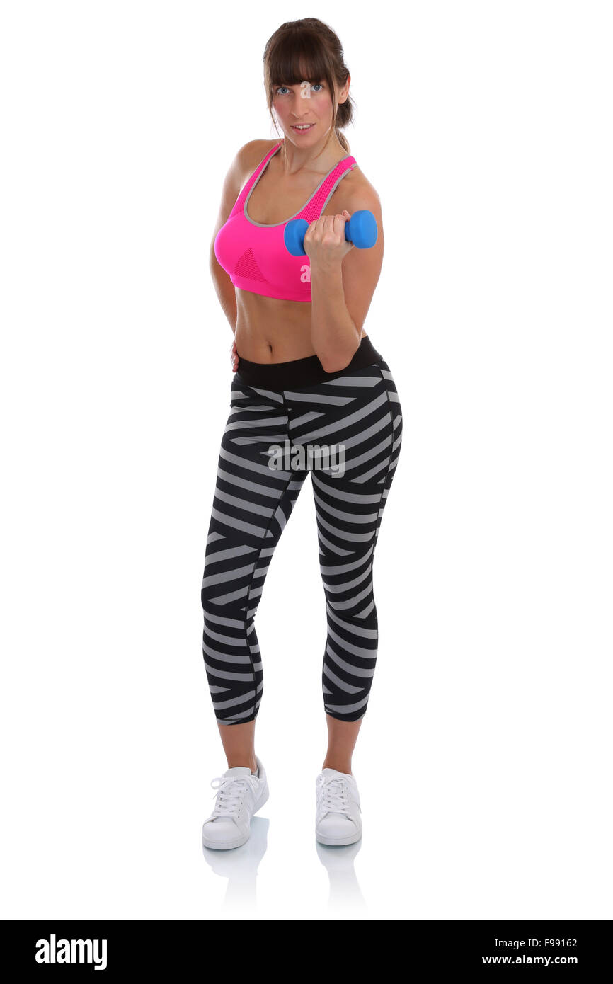 Sport Fitness Training junge Frau training mit Hantel Ganzkörper isoliert auf weißem Hintergrund Stockfoto