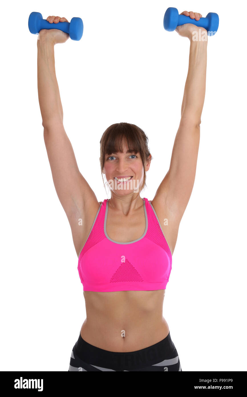 Fitness-Training-Frau im Sporttraining mit Hanteln Übung isoliert auf weißem Hintergrund Stockfoto