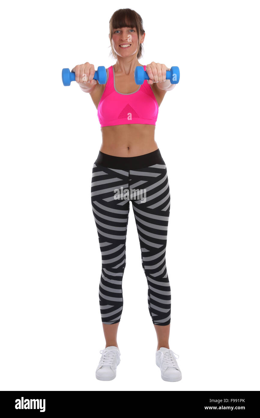 Workout Fitness Frau am Sport-Training mit Hanteln Ganzkörper isoliert auf weißem Hintergrund Stockfoto