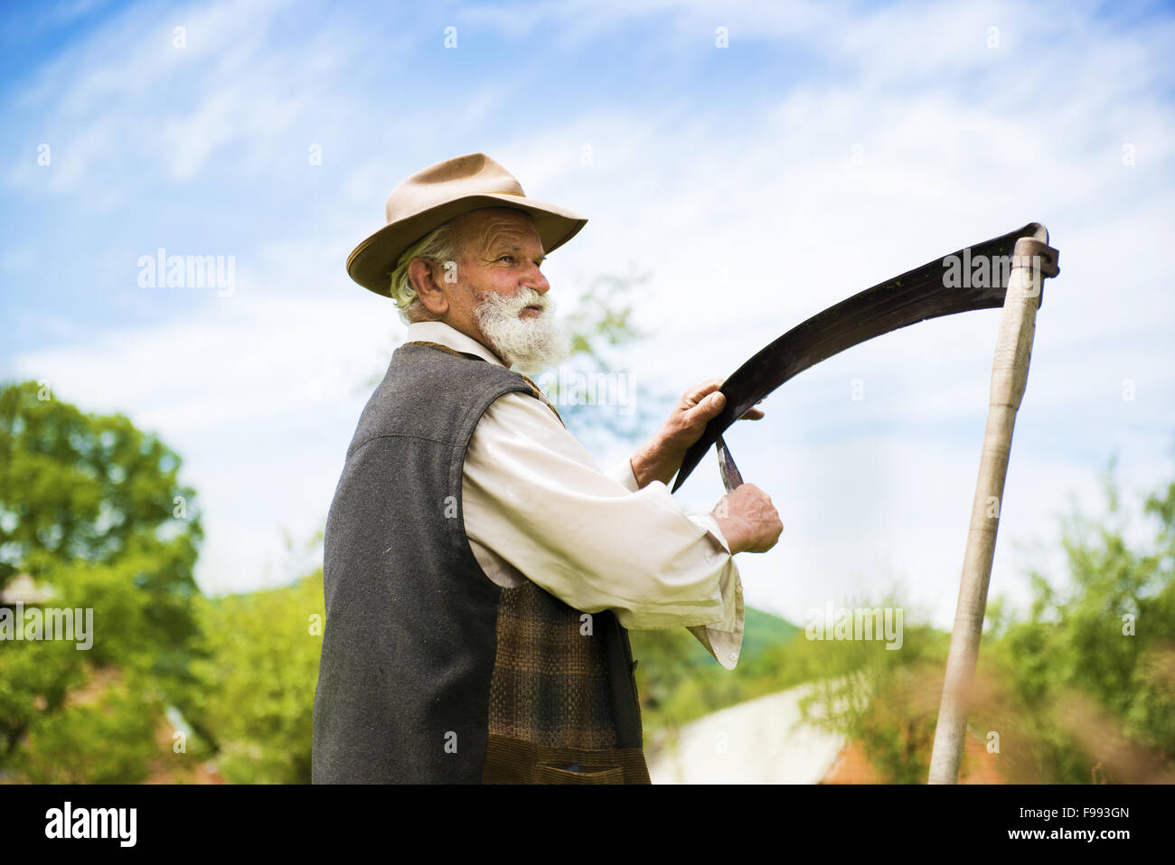 Alter Bauer mit Bart seine Sense schärfen, vor der Verwendung zu traditionell mähen den Rasen Stockfoto
