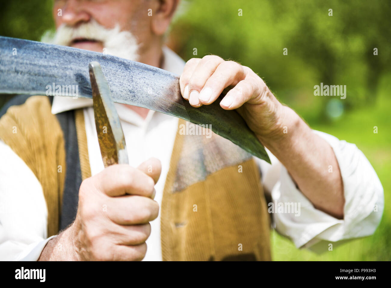 Alter Bauer mit Bart seine Sense schärfen, vor der Verwendung zu traditionell mähen den Rasen Stockfoto