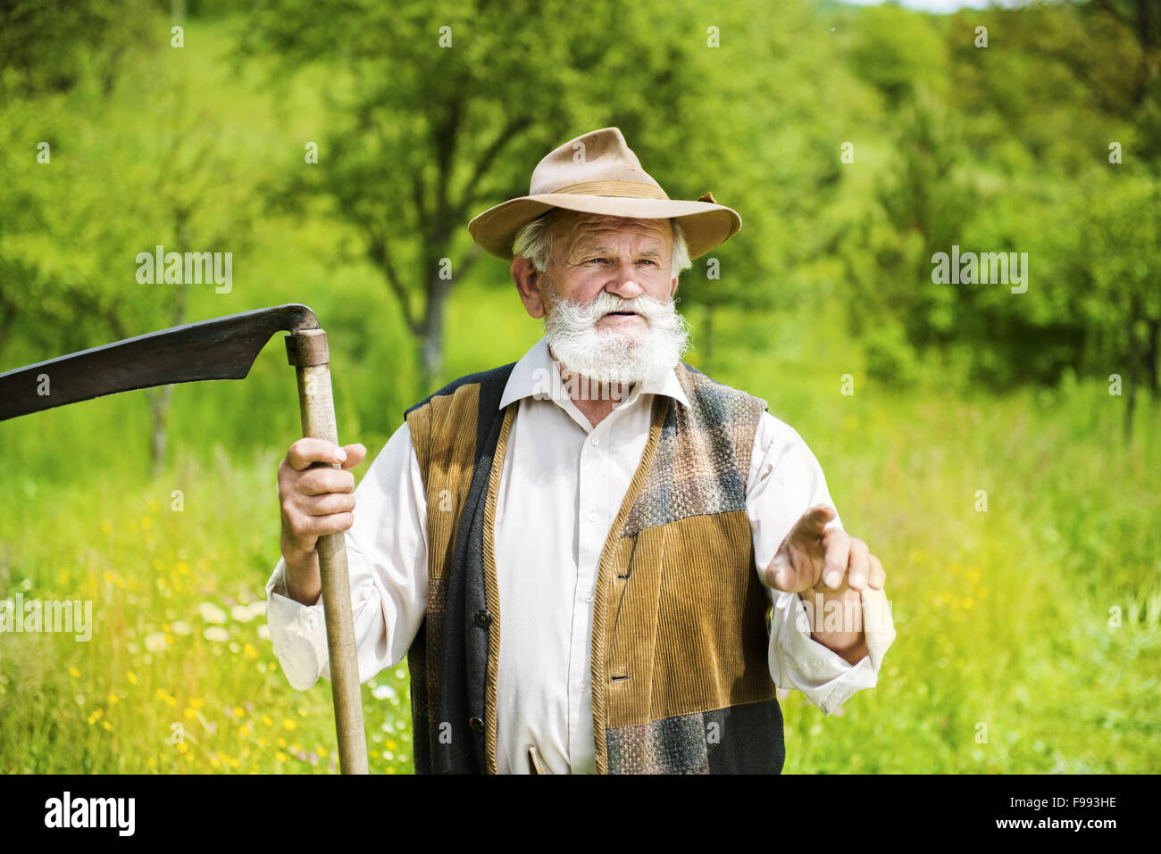 Alter Bauer mit Sense eine Pause von den Rasen mähen Stockfoto
