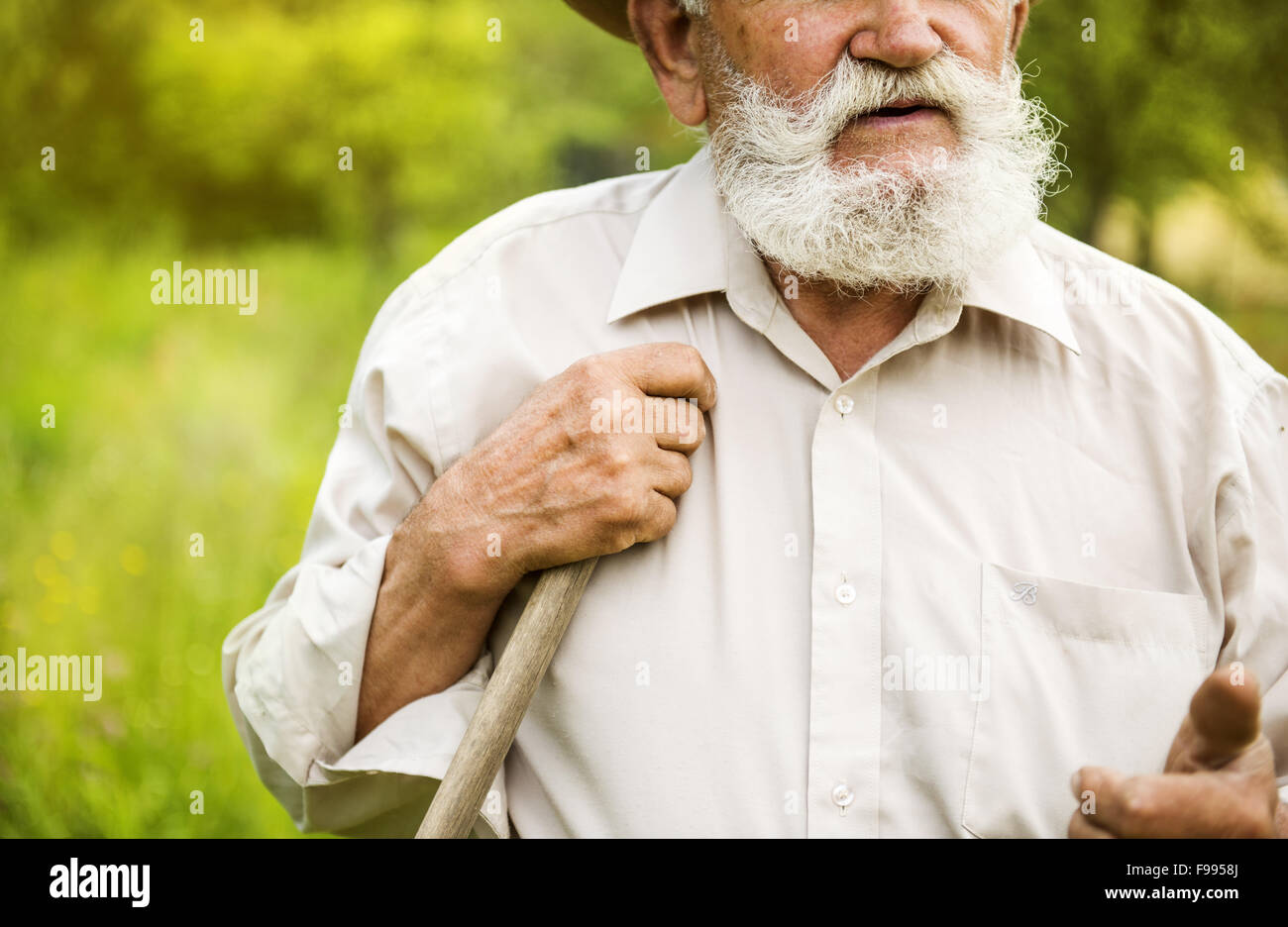 Alter Bauer mit Bart mit Rechen im Garten arbeiten Stockfoto