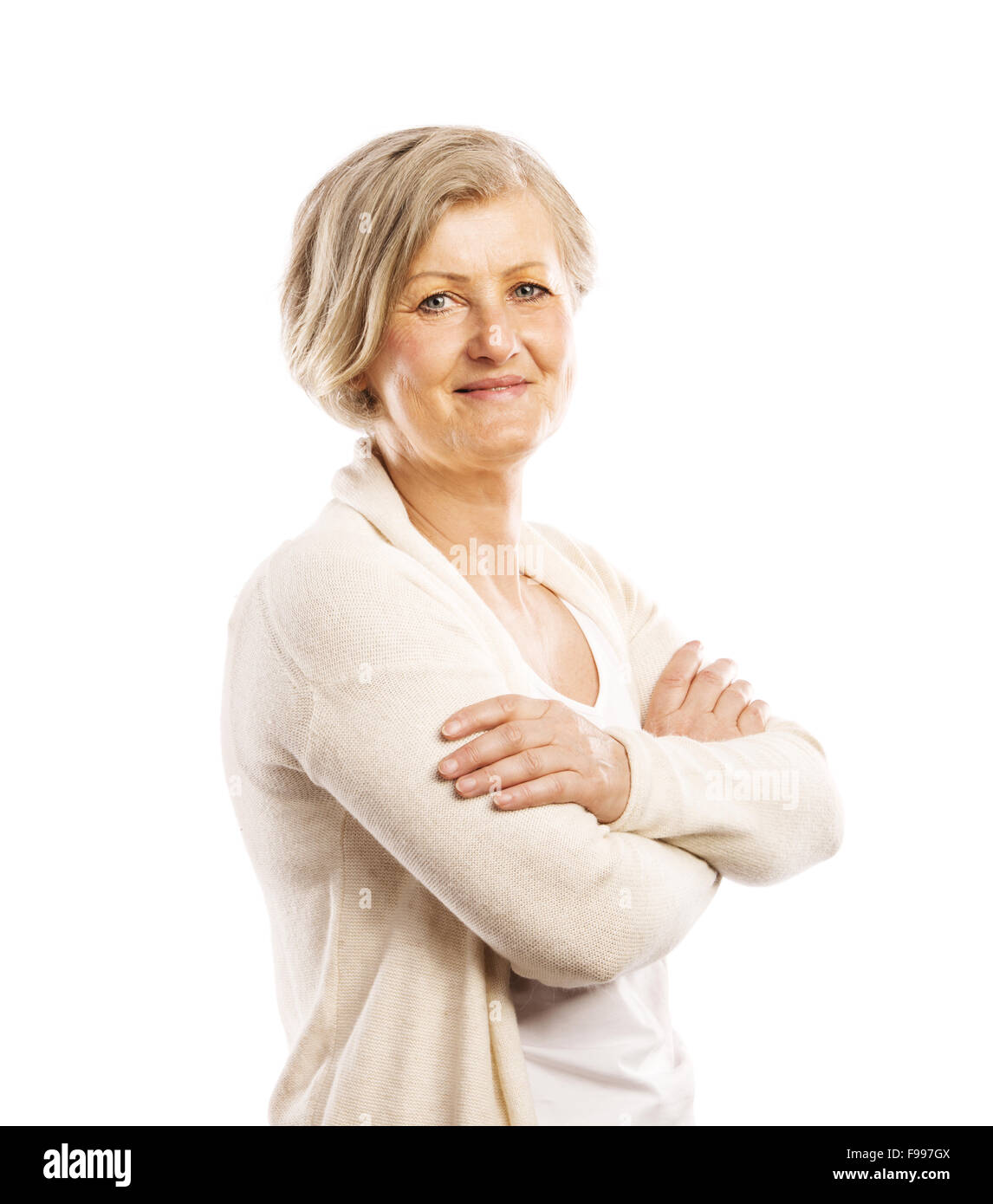 Senior Woman casual Stil Portrait, Studio gedreht, isoliert auf weißem Hintergrund Stockfoto