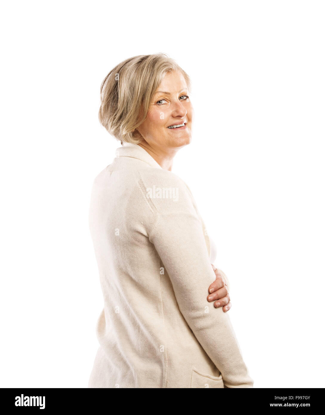 Senior Woman casual Stil Portrait, Studio gedreht, isoliert auf weißem Hintergrund Stockfoto