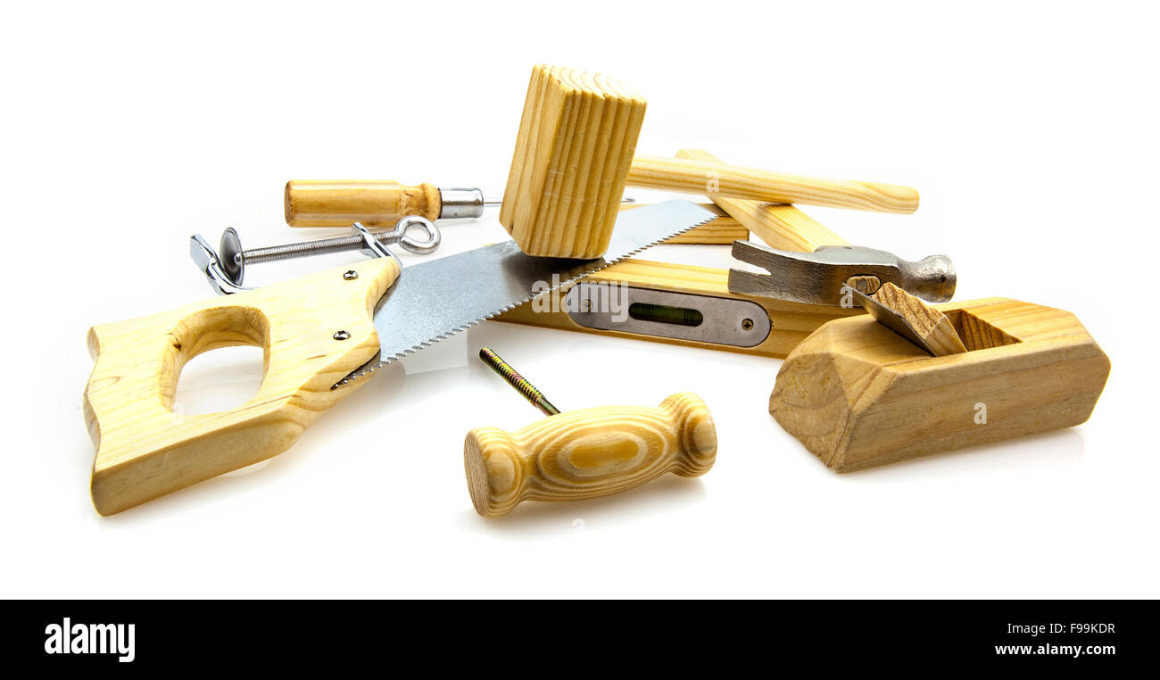 Holzarbeiten-Tools auf weißem Hintergrund Stockfoto