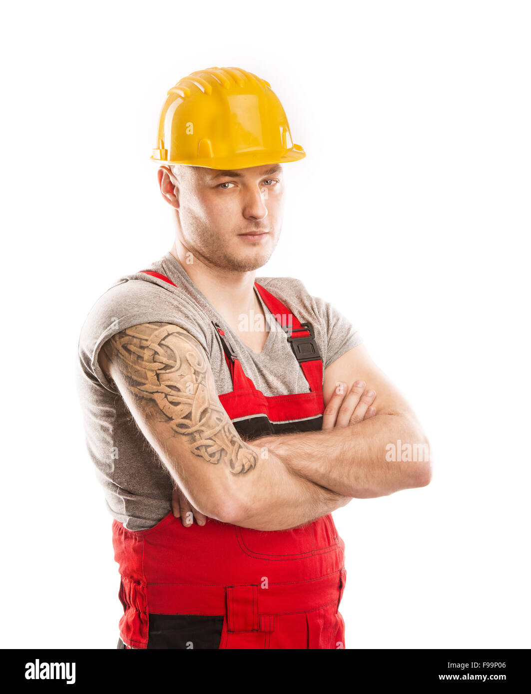 Bauarbeiter in einen Schutzhelm isoliert auf weißem Hintergrund Stockfoto