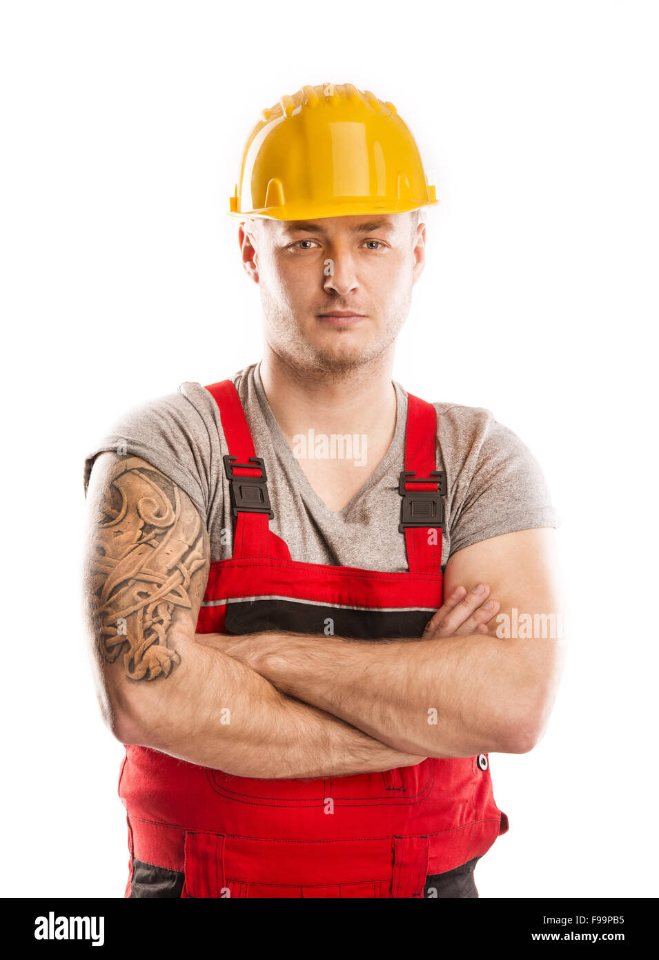 Bauarbeiter in einen Schutzhelm isoliert auf weißem Hintergrund Stockfoto