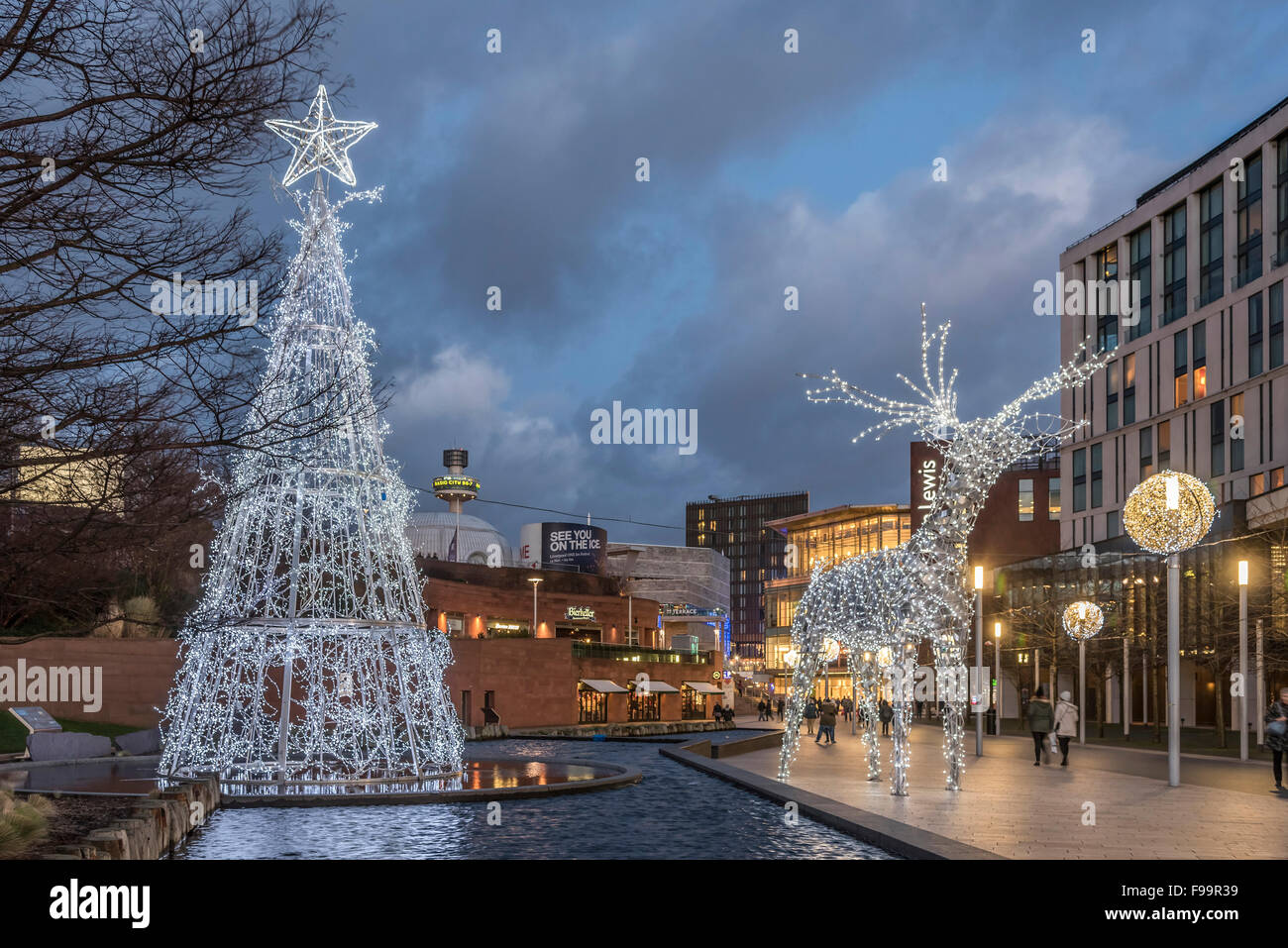 Chevasse Park Liverpool One Weihnachtsschmuck und Lichter. Riesige Rentier. Nacht Stockfoto