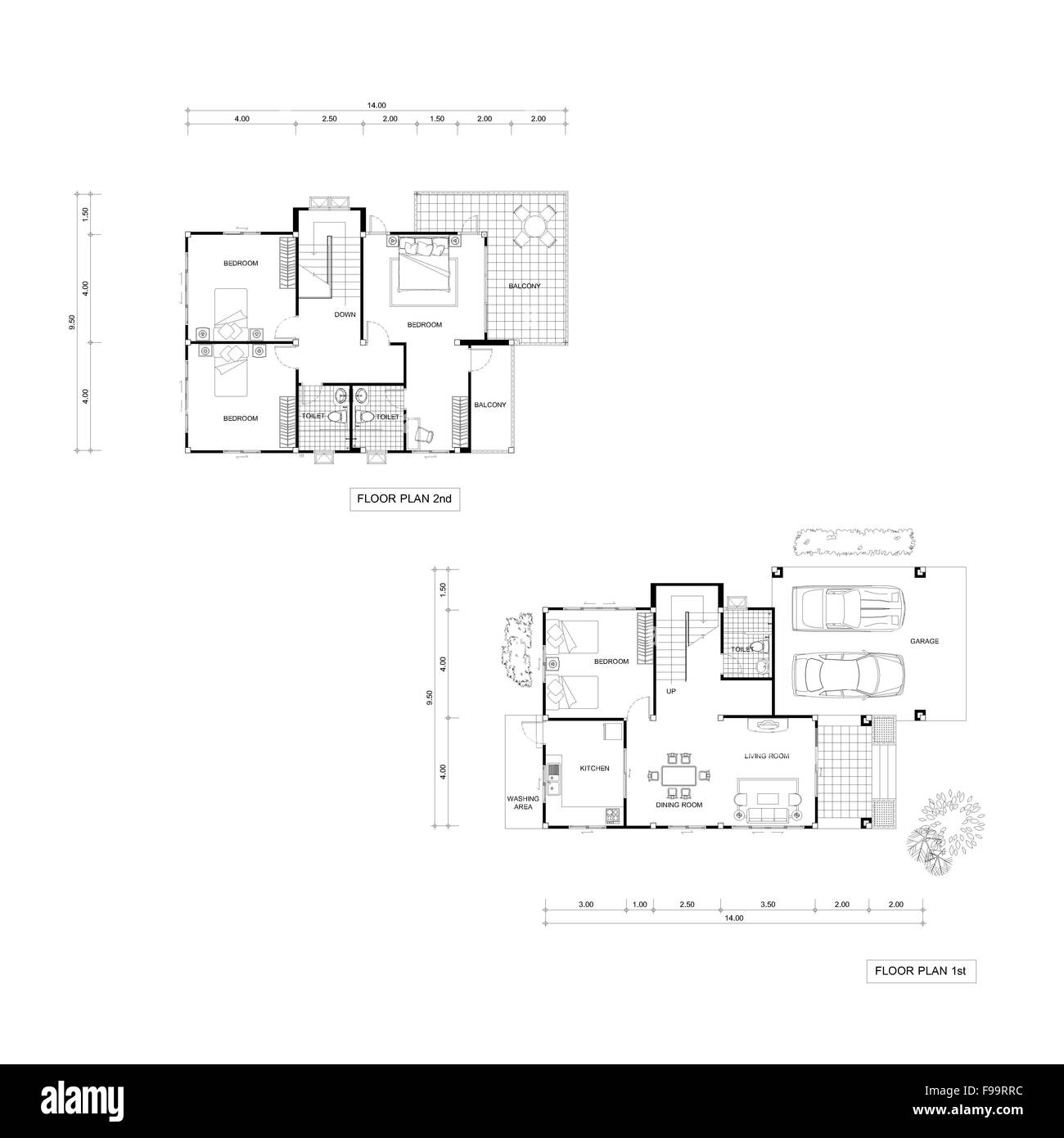 Architektur Plan Zeichnung Design-Haus, plant im Erdgeschoss und im Obergeschoss. Stockfoto