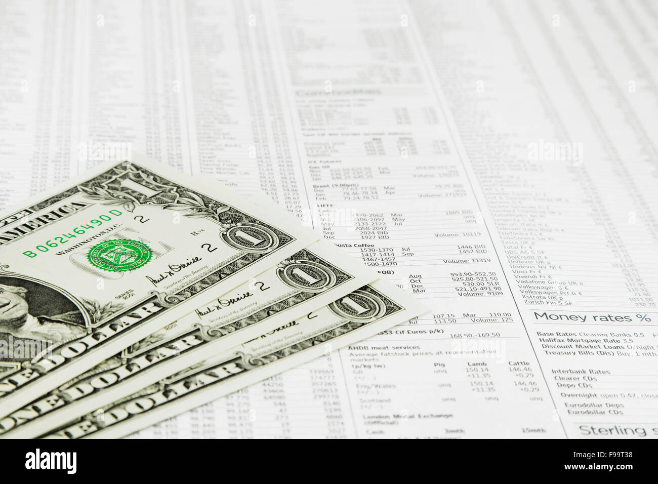 Amerikanischen ein-Dollar Banknoten an einer Börse News Papier fin Stockfoto