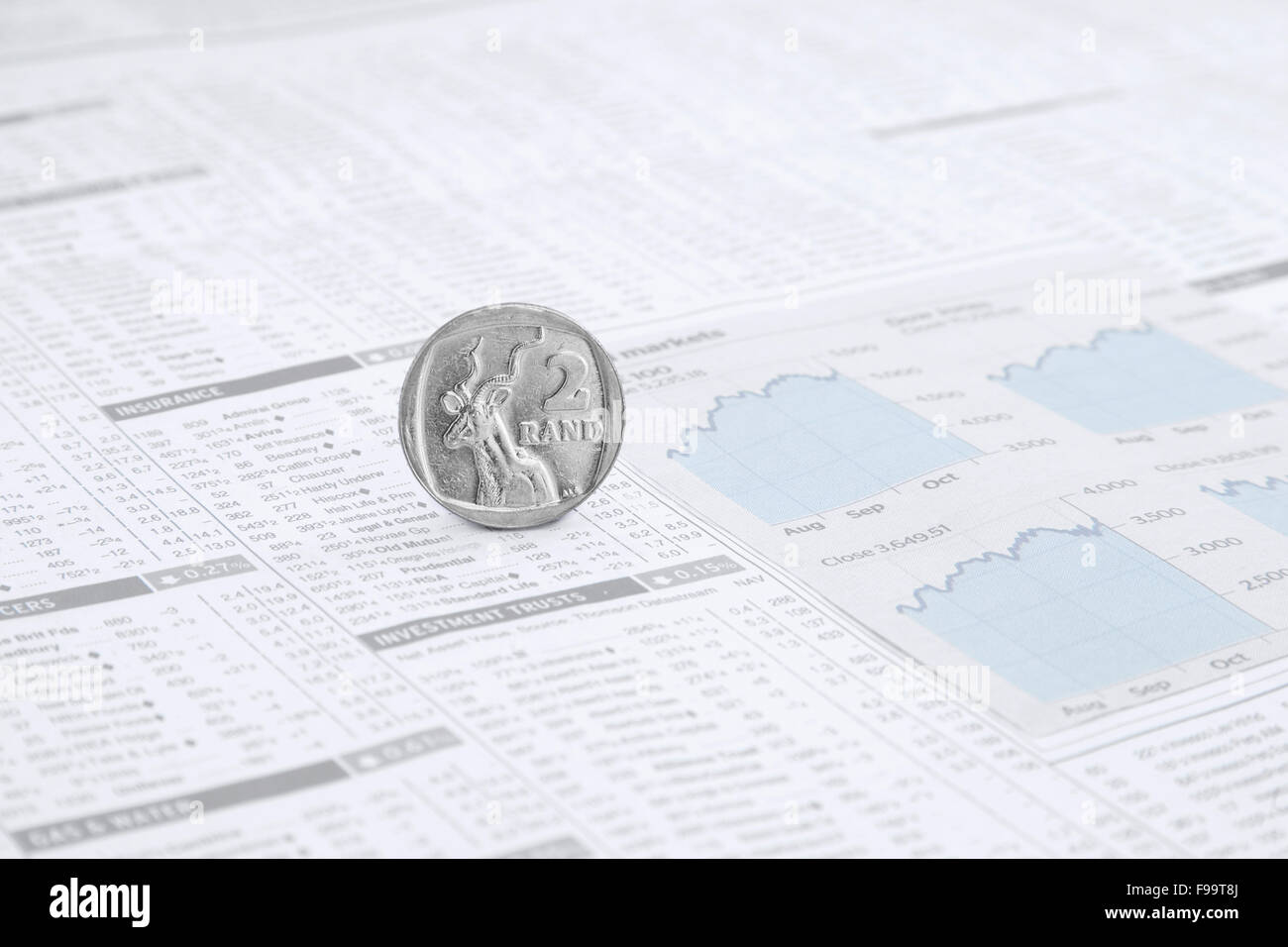 South African Rand Münze auf einer News paper Börse finanzielle p Stockfoto