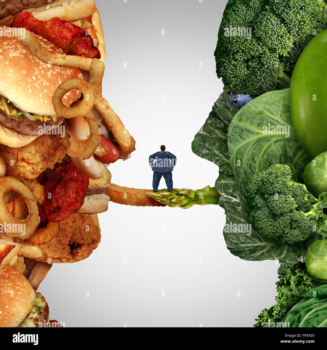 Essen Optionen Essen gesundheitliches Problem als übergewichtige Mann auf einer Brücke zwischen Junk-Food, Obst und Gemüse Gruppe Wattierung Stockfoto