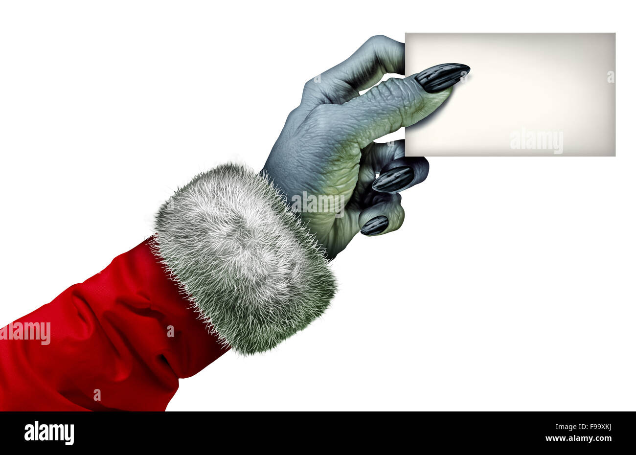 Egoistische Urlaub Monster oder Geizhals Charakter hält eine leere Karte als ein Geizhals Scrooge Hand-Symbol trägt einen roten Mantel als Symbol für Winter Egoismus Verhalten isoliert auf weißem Hintergrund. Stockfoto
