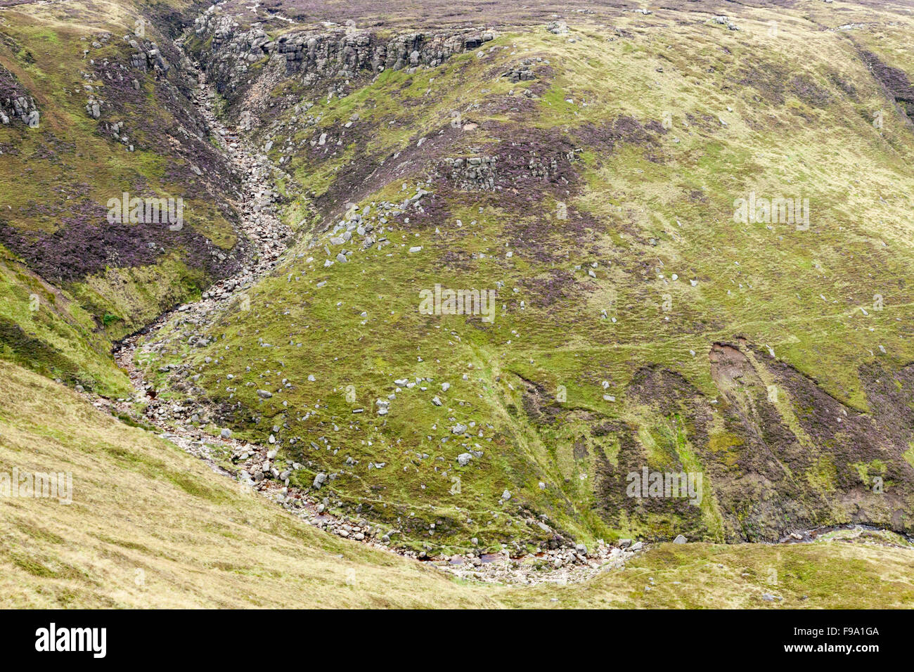 Teil der Grindsbrook Clough von oben, ein Moor Tal am südlichen Rande des Kinder Scout, Derbyshire, Peak District, England, Großbritannien Stockfoto