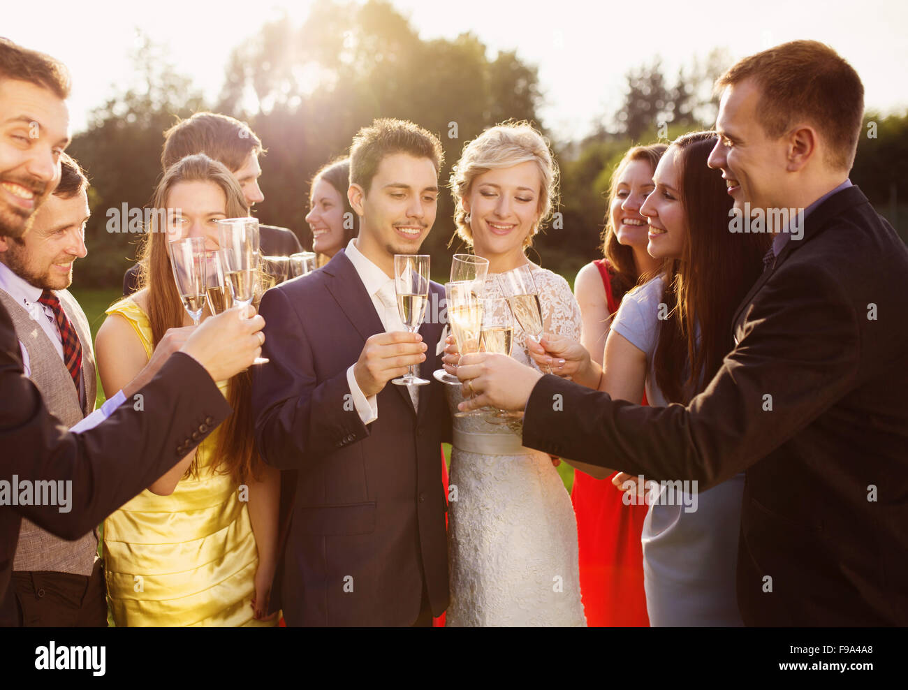 Hochzeitsgäste Klirren der Gläser mit dem Brautpaar auf der Hochzeit außerhalb Stockfoto