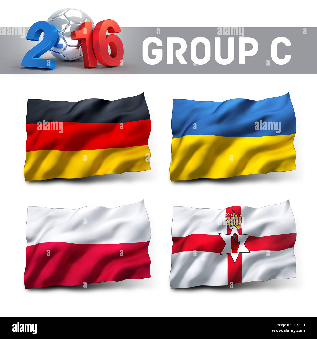 Frankreich 2016 Qualifikation Gruppe C mit Team-Flaggen. Fußball-Wettbewerb. Stockfoto