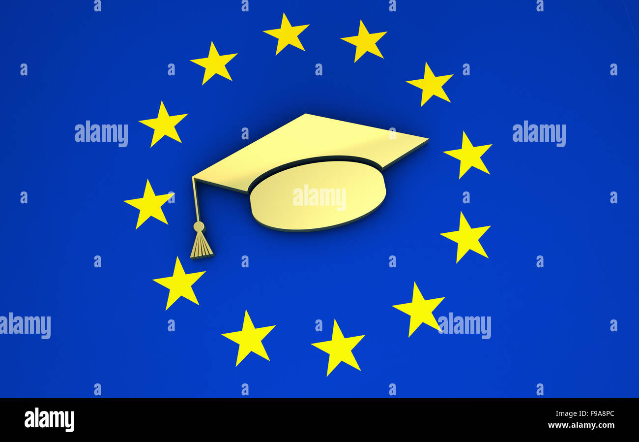 Europäische Bildung, Universität und Schule in Europa-Konzept mit EU-Flagge und College-Hut-Symbol. Stockfoto