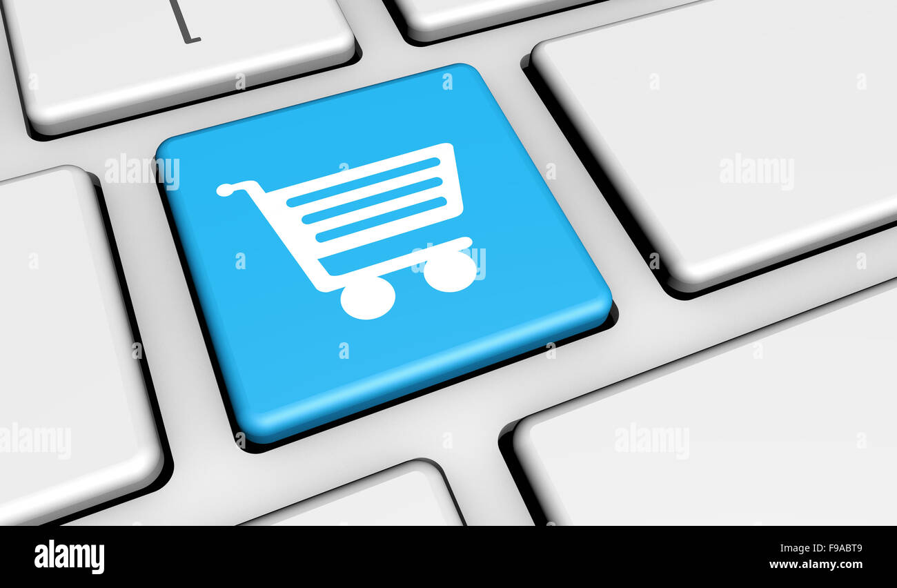 E-Commerce und Online-shopping-Konzept mit Warenkorb-Symbol und Symbol auf einer Computertastatur für Internet Web und auf den Geschäftsbereich. Stockfoto