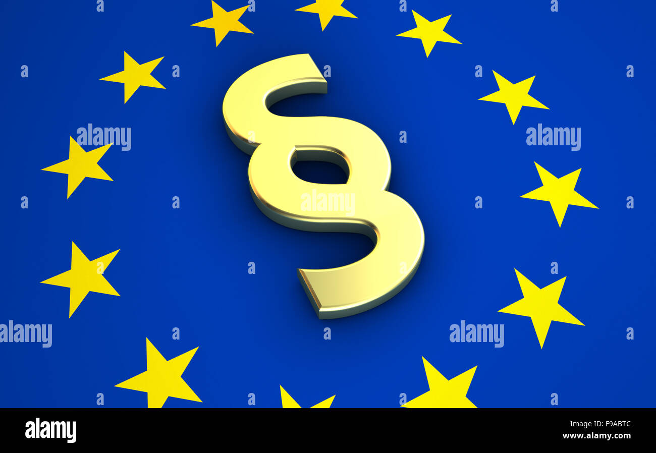 Europäischen Gemeinschaftsgesetze und Rechtssystem Konzept EU-Flagge mit goldenen Absatzsymbol. Stockfoto