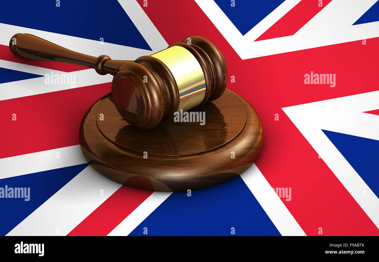 Britischem Recht, Gerechtigkeit und Vereinigtes Königreich Rechtsordnung Konzept mit einem 3d Rendern eines hölzernen Hammers und der Union Jack-Flagge auf Hintergrund Stockfoto