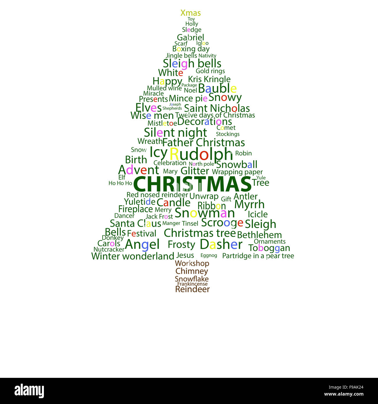 Weihnachten Wort Verband in der Form einer Weihnachtsbaum Farbe Farbe Stockfoto