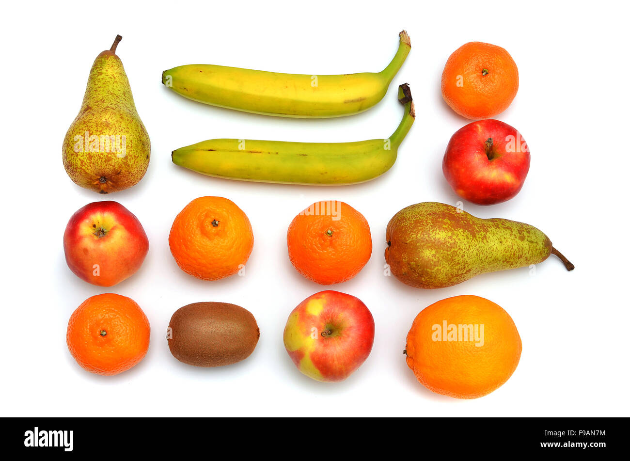 Verschiedene Früchte, Mandarine, Apfel, Birne, Banane, Kiwi, orange Stockfoto