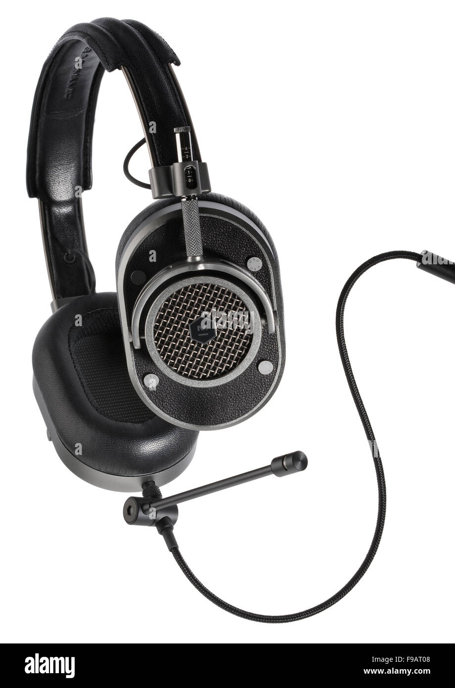 Master und dynamischen in-Ear-Kopfhörer mit unidirektionale Mikrofon auf einem Boom-Arm. Stockfoto