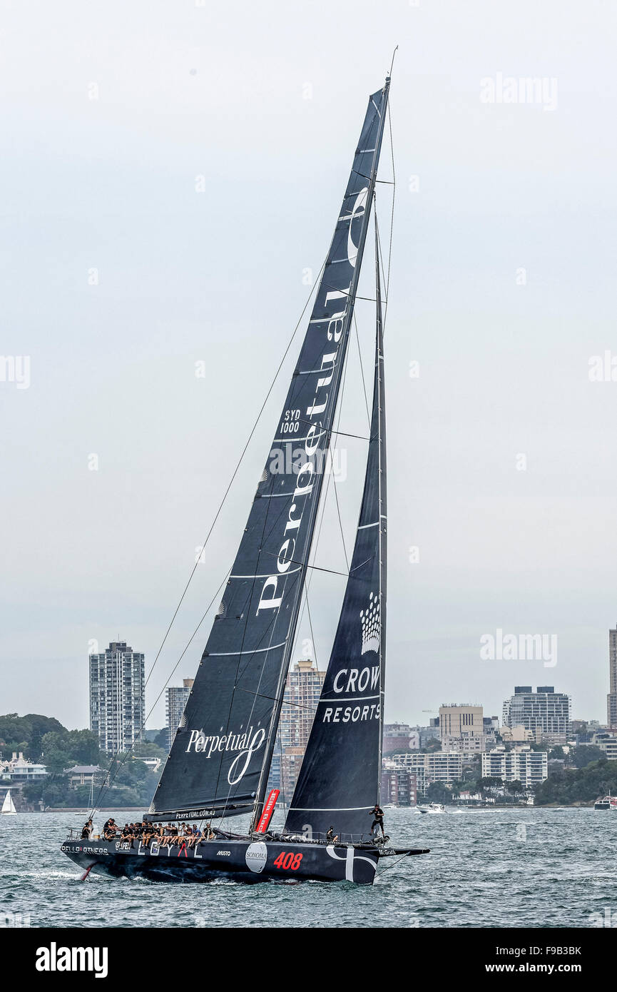 15.12.2015 Sydney, Australien. 2015 SOLAS Big Boat Challenge. Supermaxi Yacht Perpetual Loyal skippered durch Anthony Bell während der SOLAS Big Boat Challenge im Hafen von Sydney, Sydney, Australien. Das SOLAS Big Boat Challenge-Rennen ist ein Vorspiel zu der Sydney-Hobart-Regatta veranstaltet jährlich am zweiten Weihnachtstag. Stockfoto