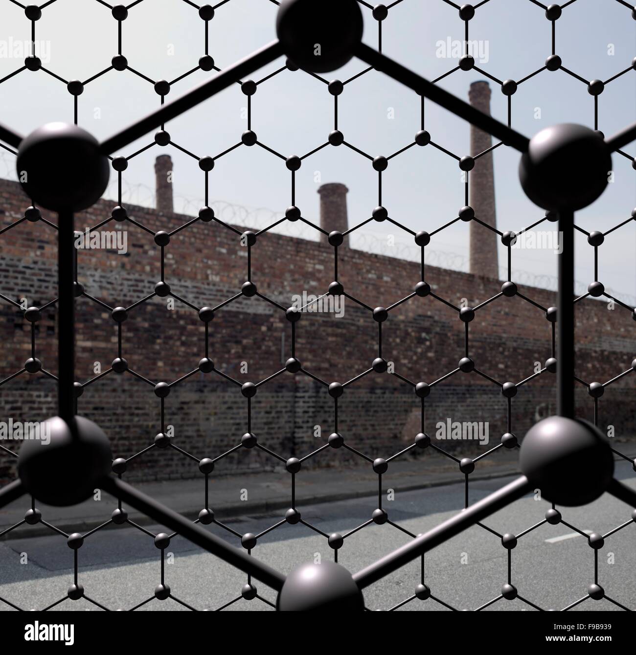 Eine Szene, die Sinnbild für das erste Maschinenzeitalter durchschaut hexagonalen Gitter für Nanotechnologie (Graphen und Materialien Stockfoto