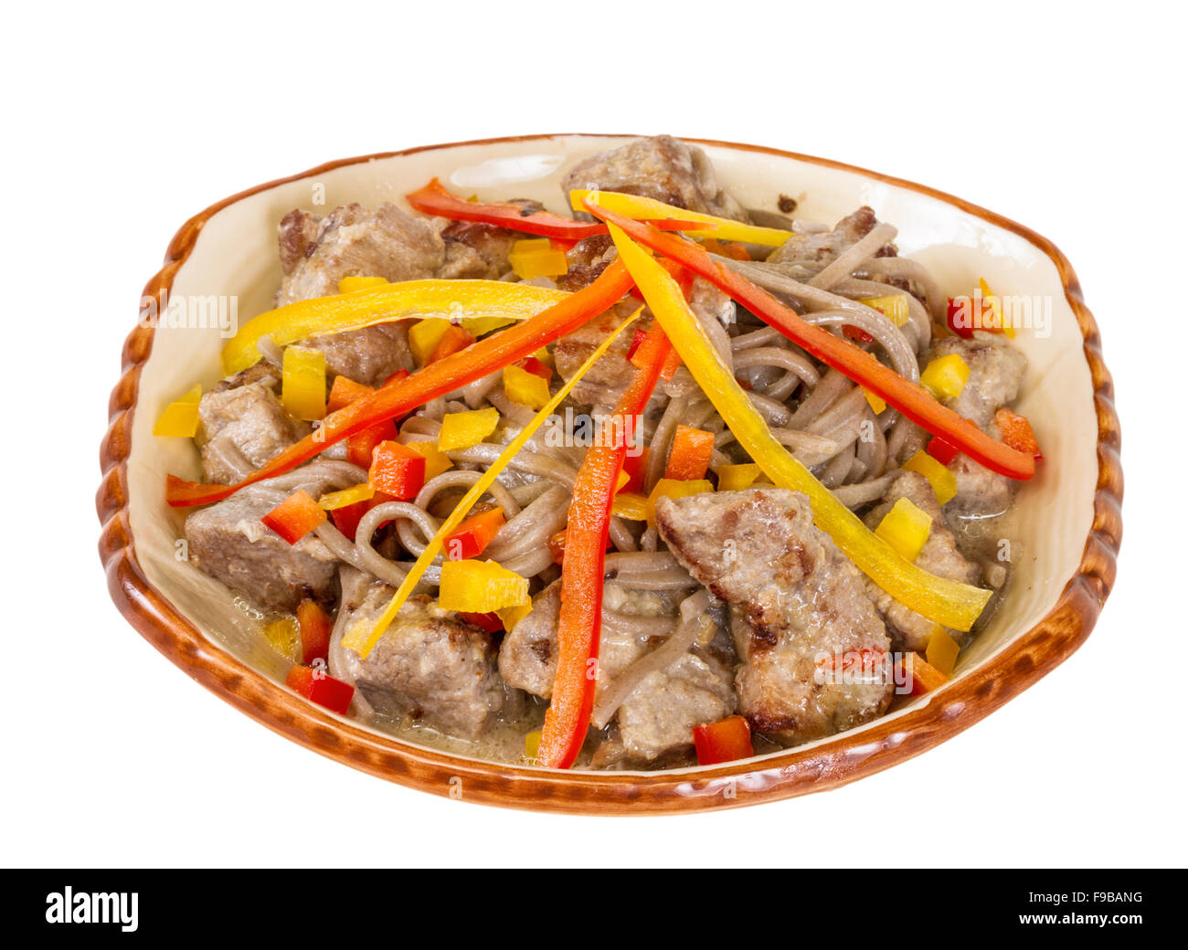 Asiatische Nudeln mit Schweinefleisch, würzig und lecker lecker Stockfoto