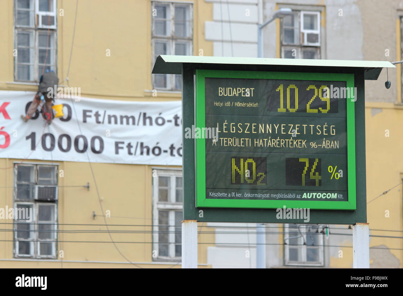 Maß an Verschmutzung in Budapest mit Fensterreiniger im Hintergrund Stockfoto