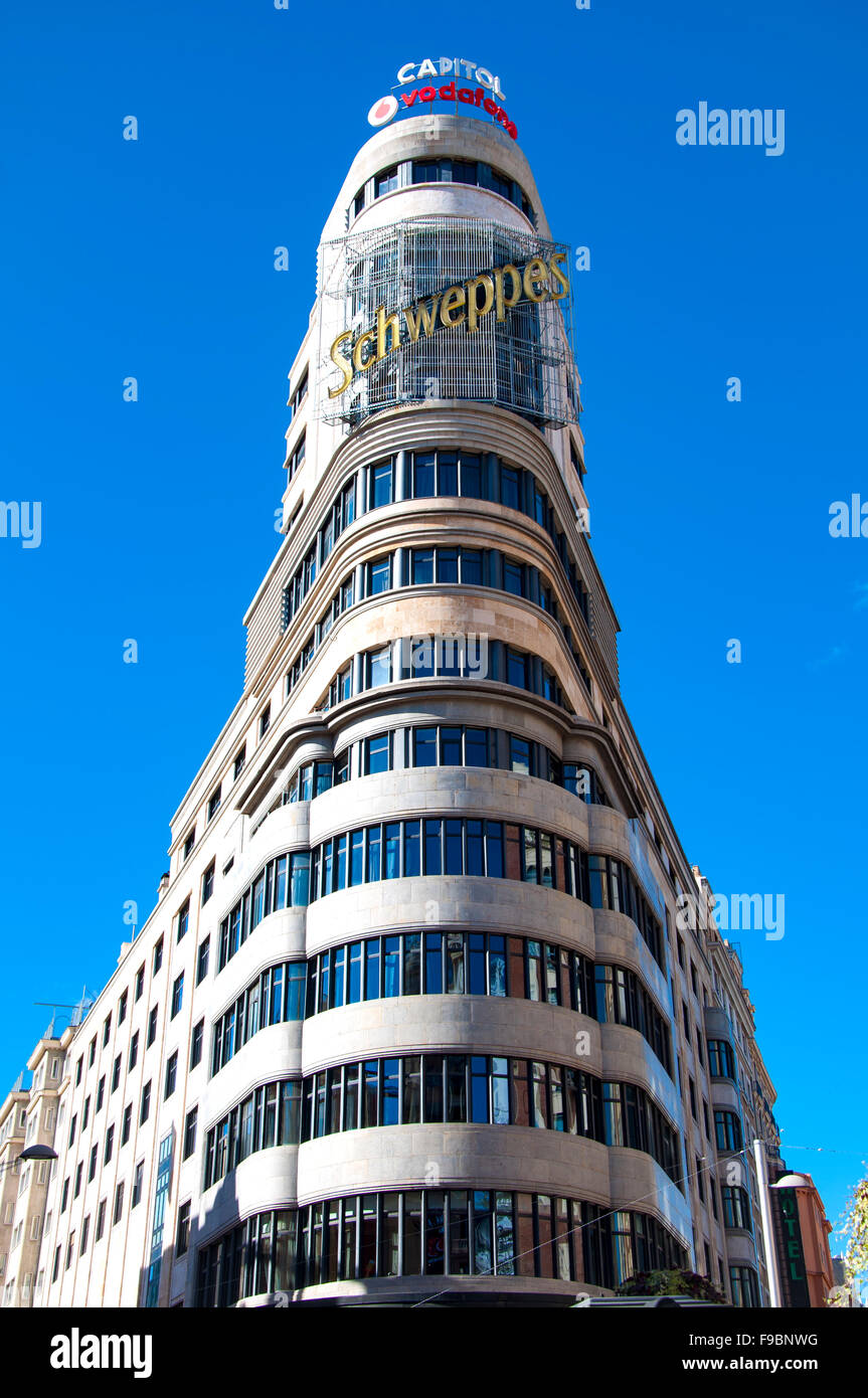 Edificio Carrión, Gran Via, Madrid, Spanien Stockfoto