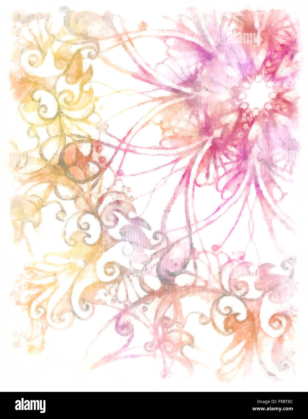 Aquarel Zierpflanze Mandala. Gelb und rosa Hintergrund Stockfoto