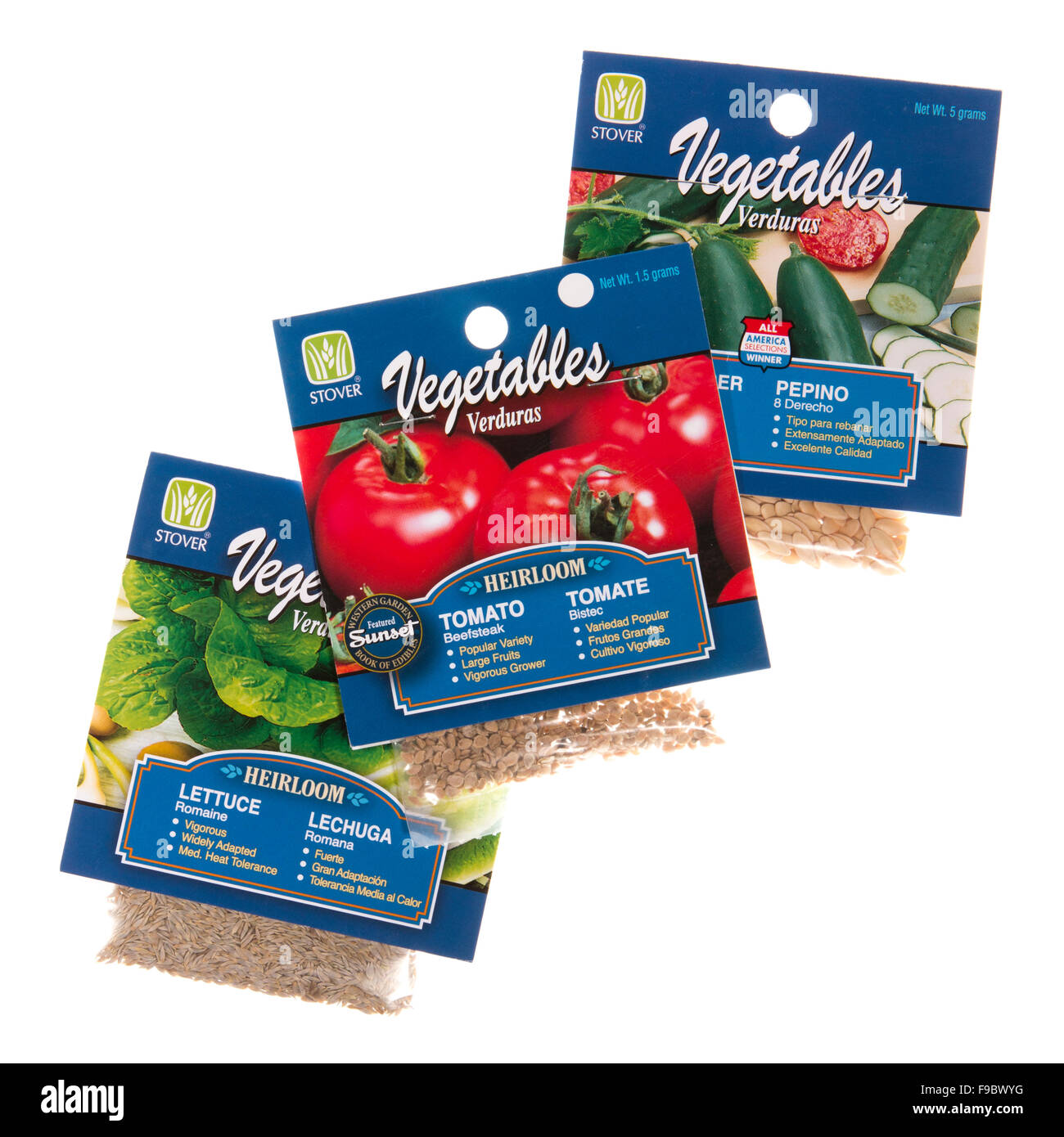 Gemüsegarten Saatgut Pakete mit englischen und spanischen Beschreibungen. Stockfoto