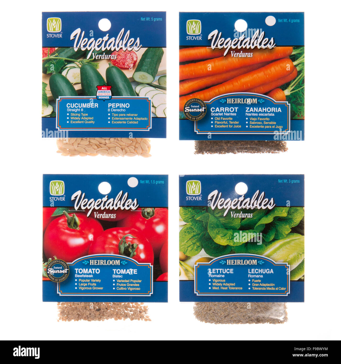 Gemüsegarten Saatgut Pakete mit englischen und spanischen Beschreibungen. Stockfoto