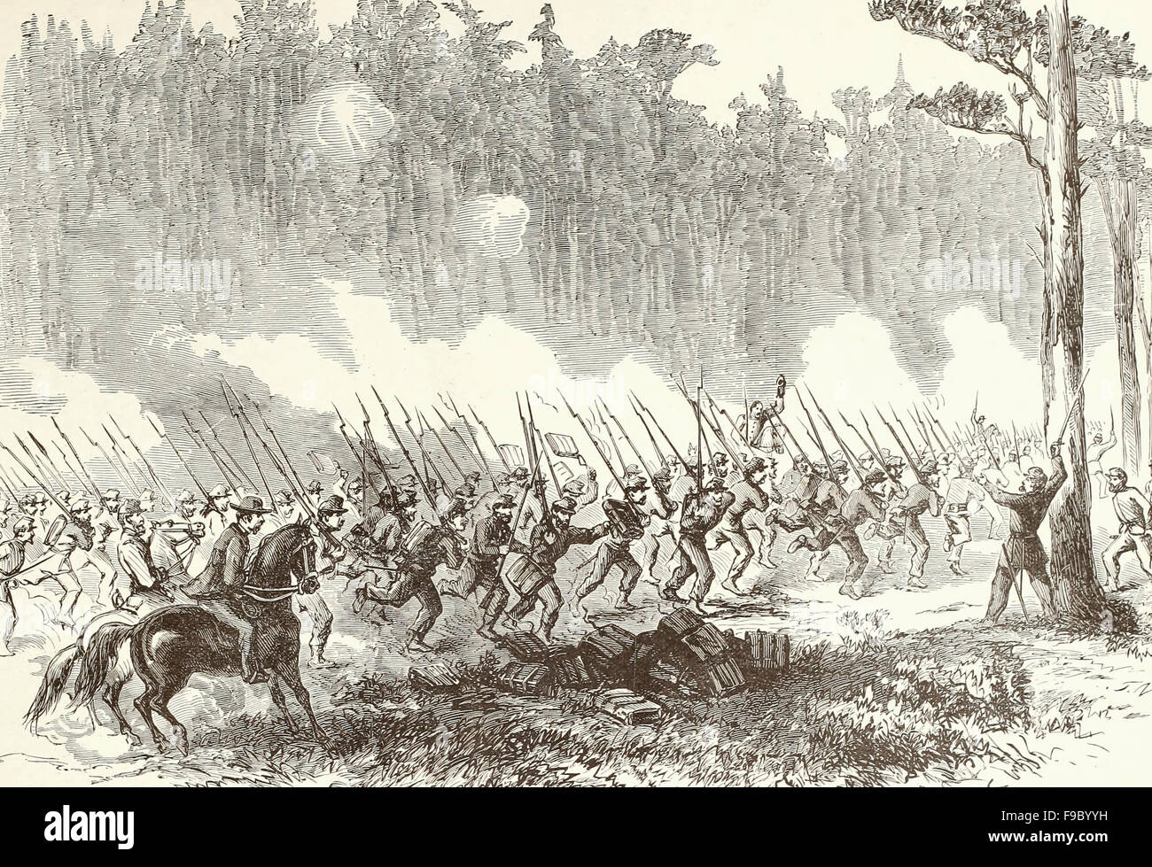 Schlacht von Charles City Road - Gebühr von Jersey Brigade - die erste New Jersey-Brigade, General Taylor, Detatching sich von General Slocum Division und rauschenden zur Unterstützung der allgemeinen Kearny Division, die zurück, so drehen die Geschicke des Tages, 30. Juni 1862 vertrieben worden waren. 18:00 USA Bürgerkrieg Stockfoto