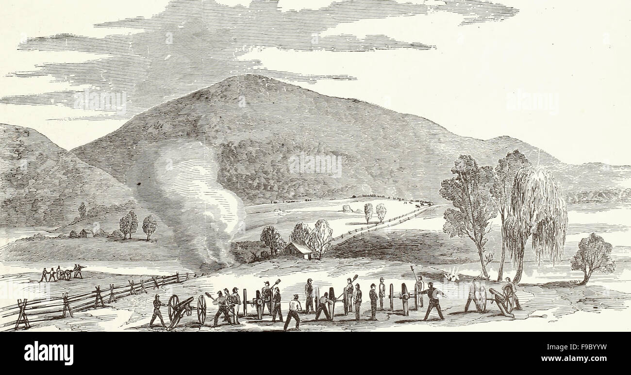 Oberst Pilson Batterie Beschuss der Rückseite Guard der konföderierten General Jackson Armee, an der Kreuzung des Flusses Shenandoah, Dienstag, 3. Juni 1862. USA Bürgerkrieg Stockfoto