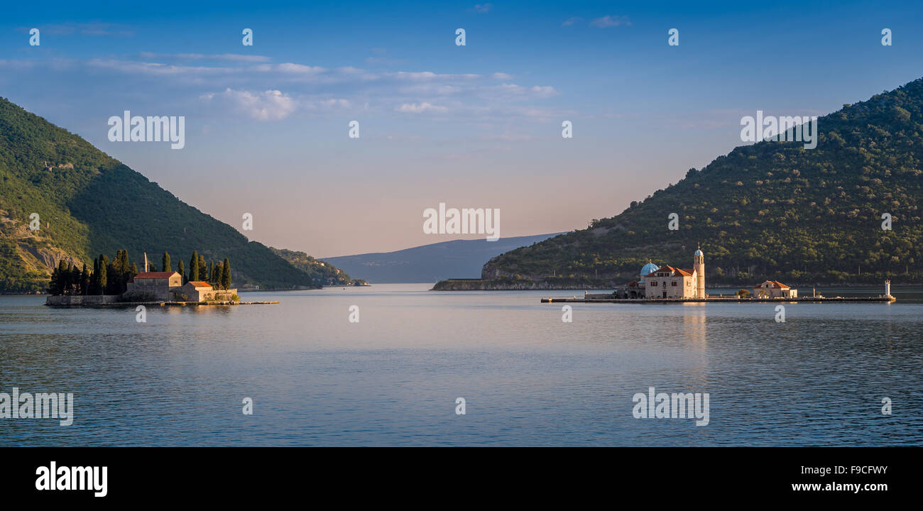 Perast Kloster Inseln Abend Panorama, Montenegro Stockfoto