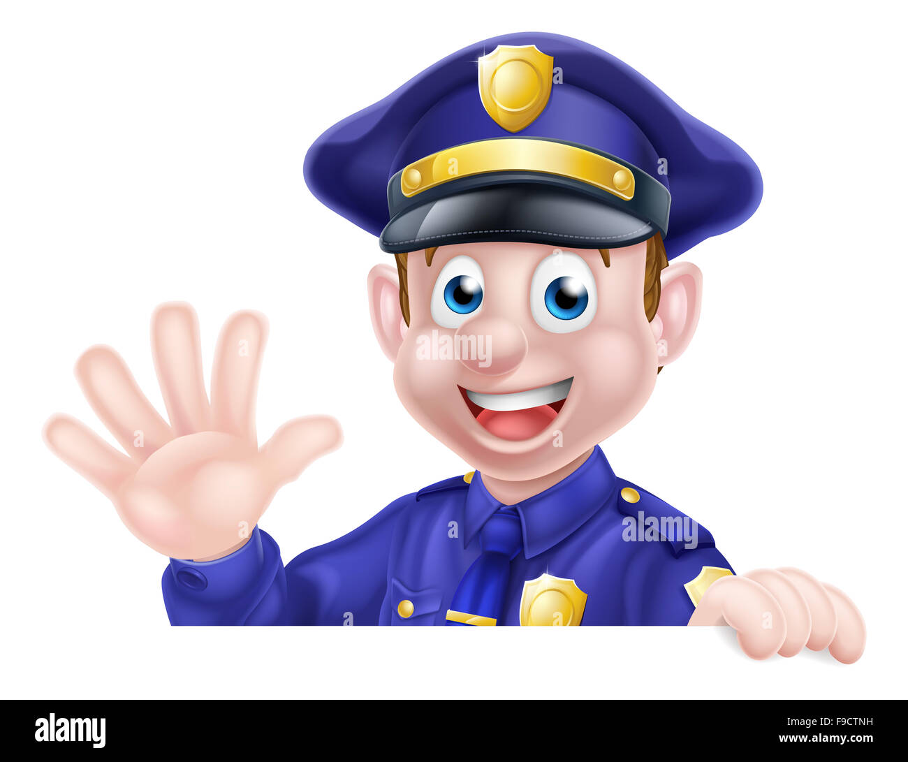 Ein Cartoon freundliche Polizist beugte sich über ein Schild winken Stockfoto