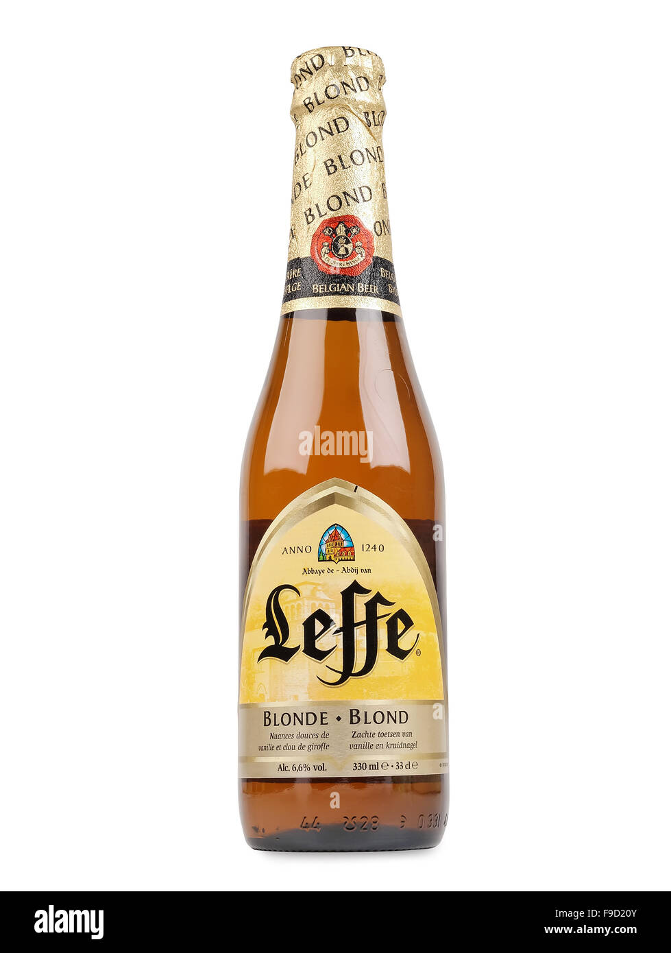 Leffe Bierflasche. Leffe ist eine Biermarke, die im Besitz von InBev Belgien als Abtei-Bier vermarktet. Stockfoto