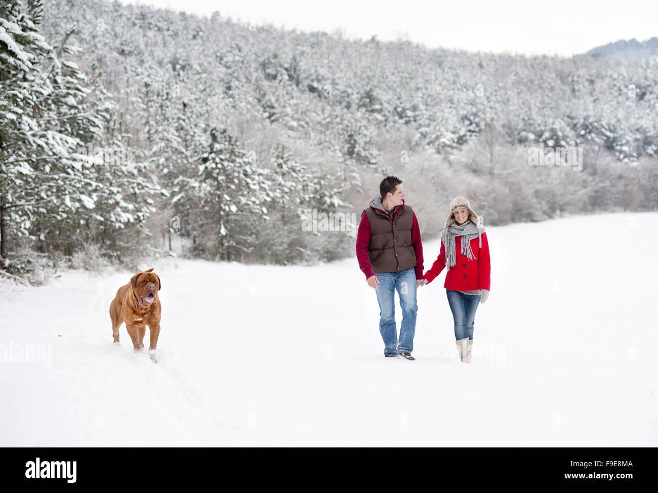 Frau und Mann haben Spaziergang mit Hund in verschneiter Winterlandschaft Stockfoto