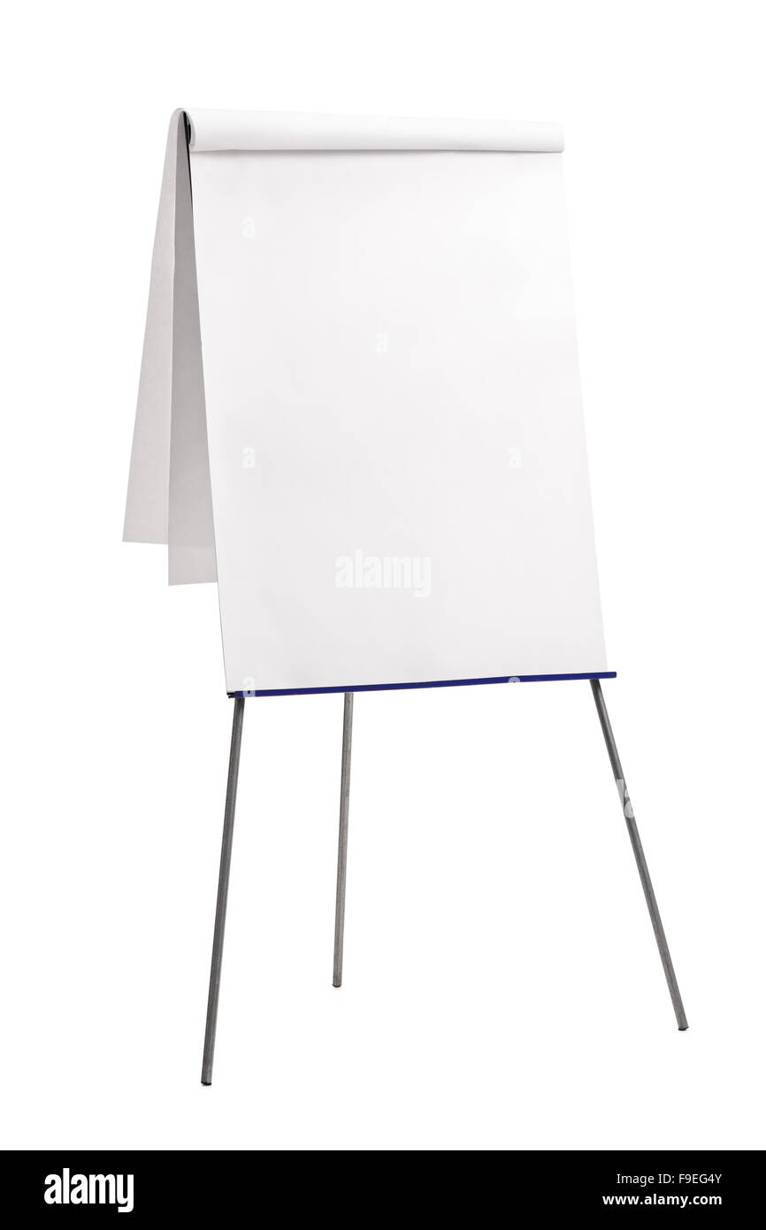 Vertikale Schuss eine Präsentationstafel mit ein leeres Blatt Papier darauf isoliert auf weißem Hintergrund Stockfoto