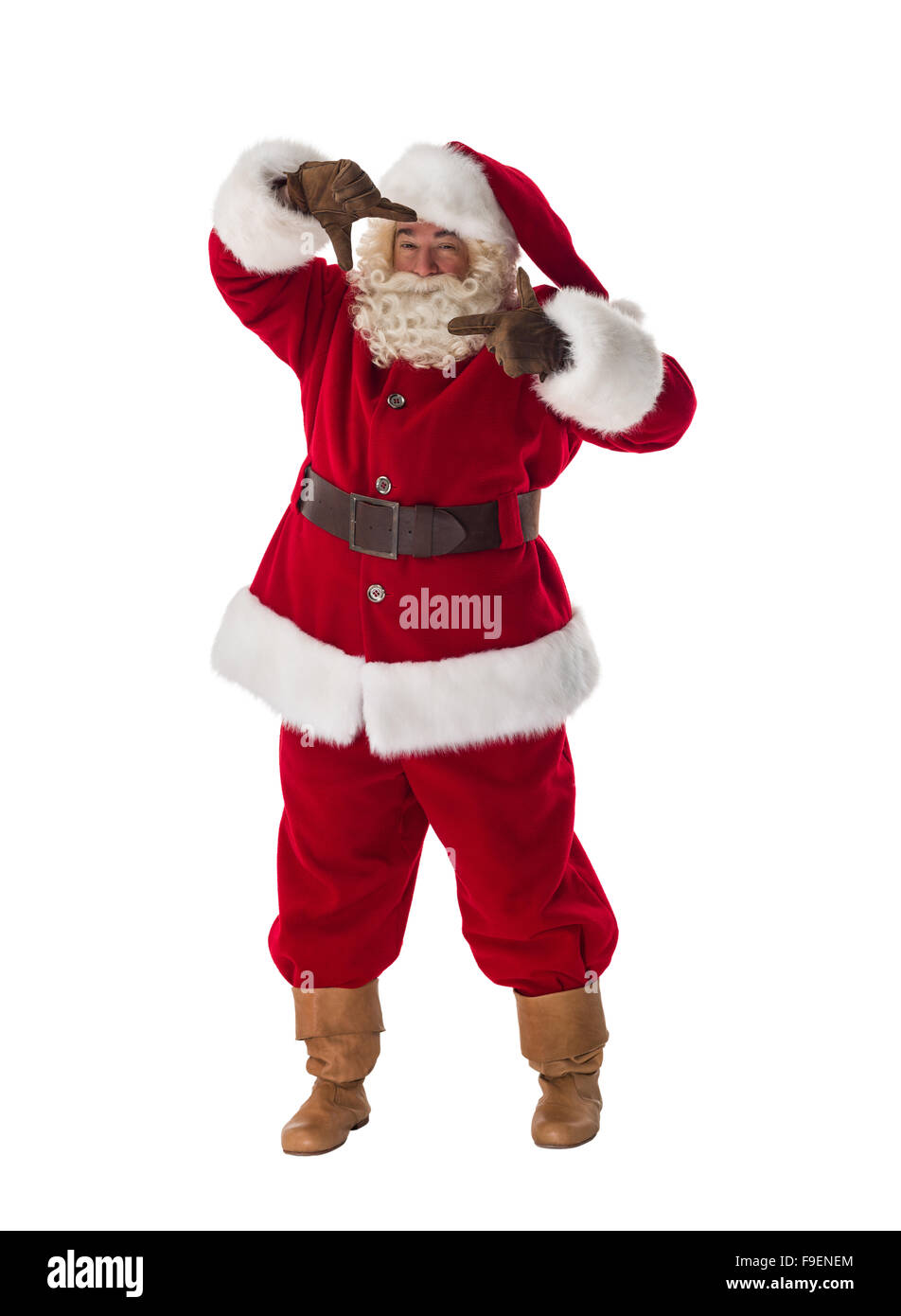 Santa Claus macht Frame seiner Hände Portrait isoliert auf weißem Hintergrund Stockfoto