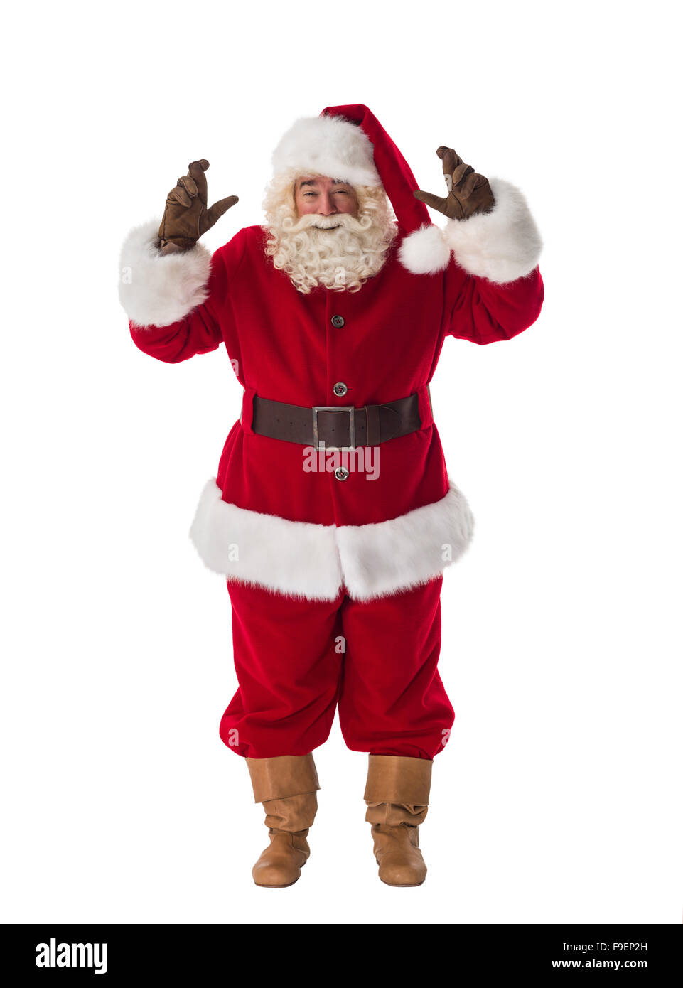 Santa Claus mit gekreuzten Fingern Porträt machen eine mit isoliert auf weißem Hintergrund Stockfoto