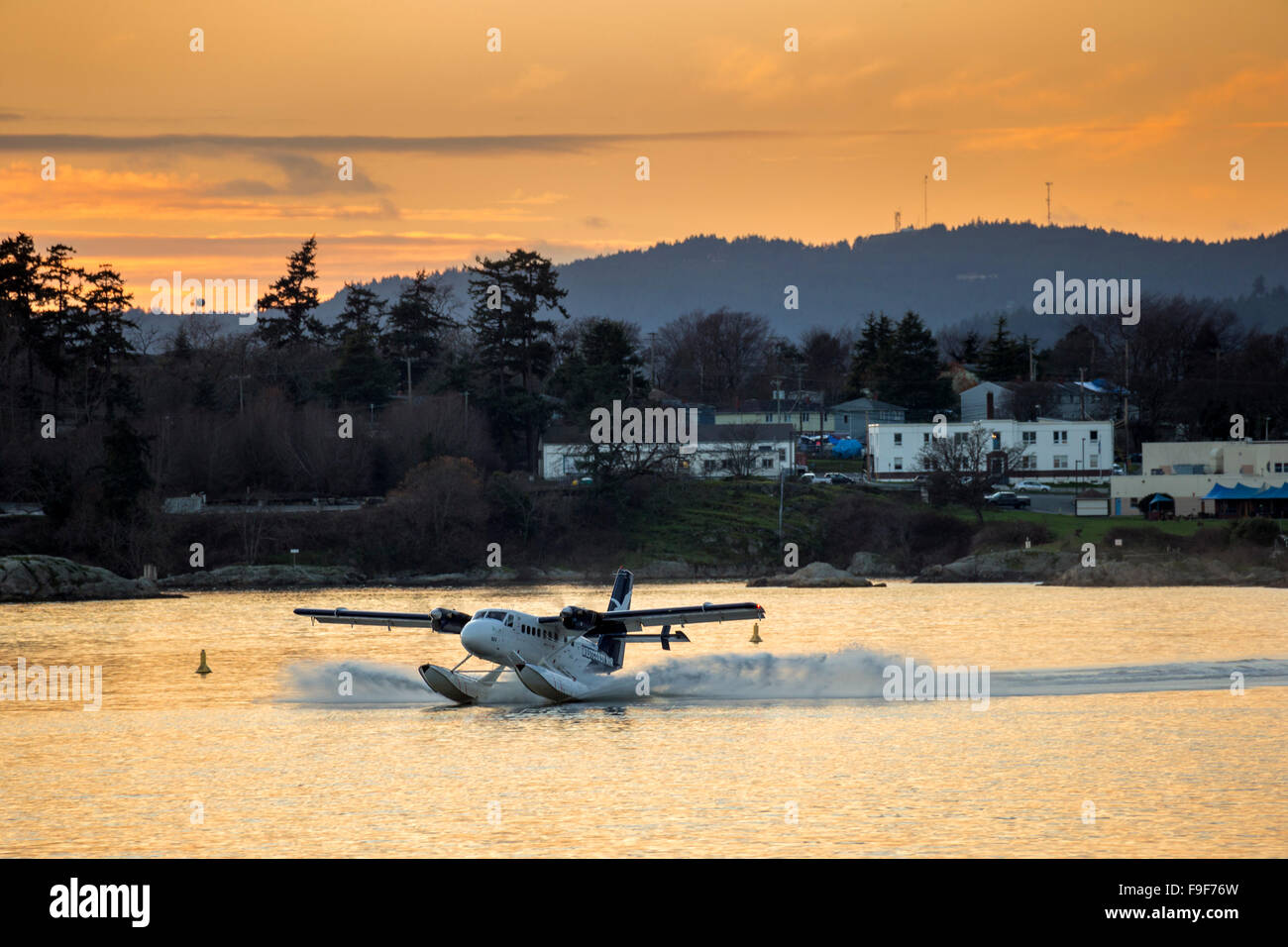 Flugzeug Landung im Innenhafen bei Sonnenuntergang-Victoria, British Columbia, Kanada zu schweben. Stockfoto