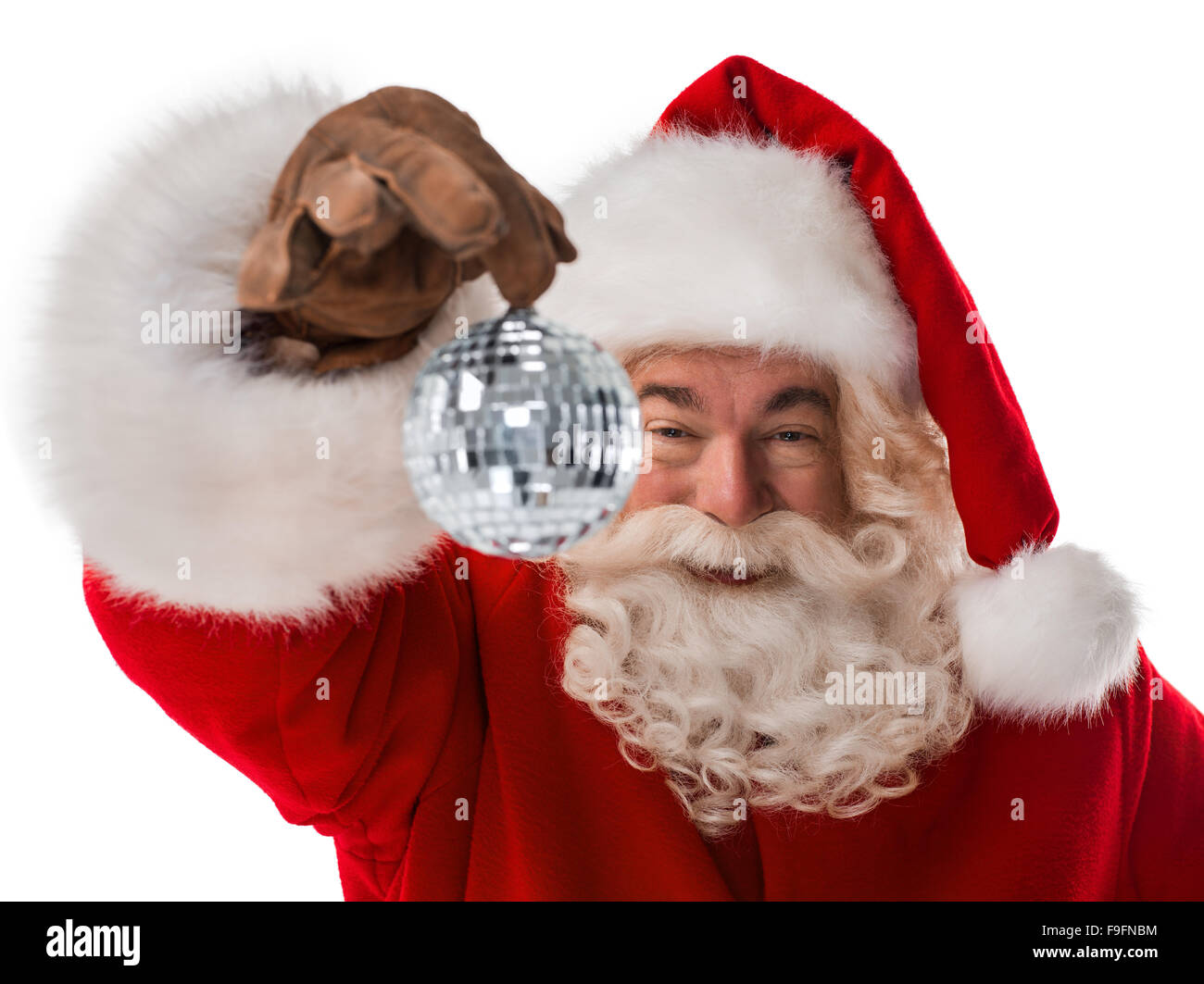 Santa Claus mit Disco-Kugel. Porträt, Isolated on White Background Stockfoto