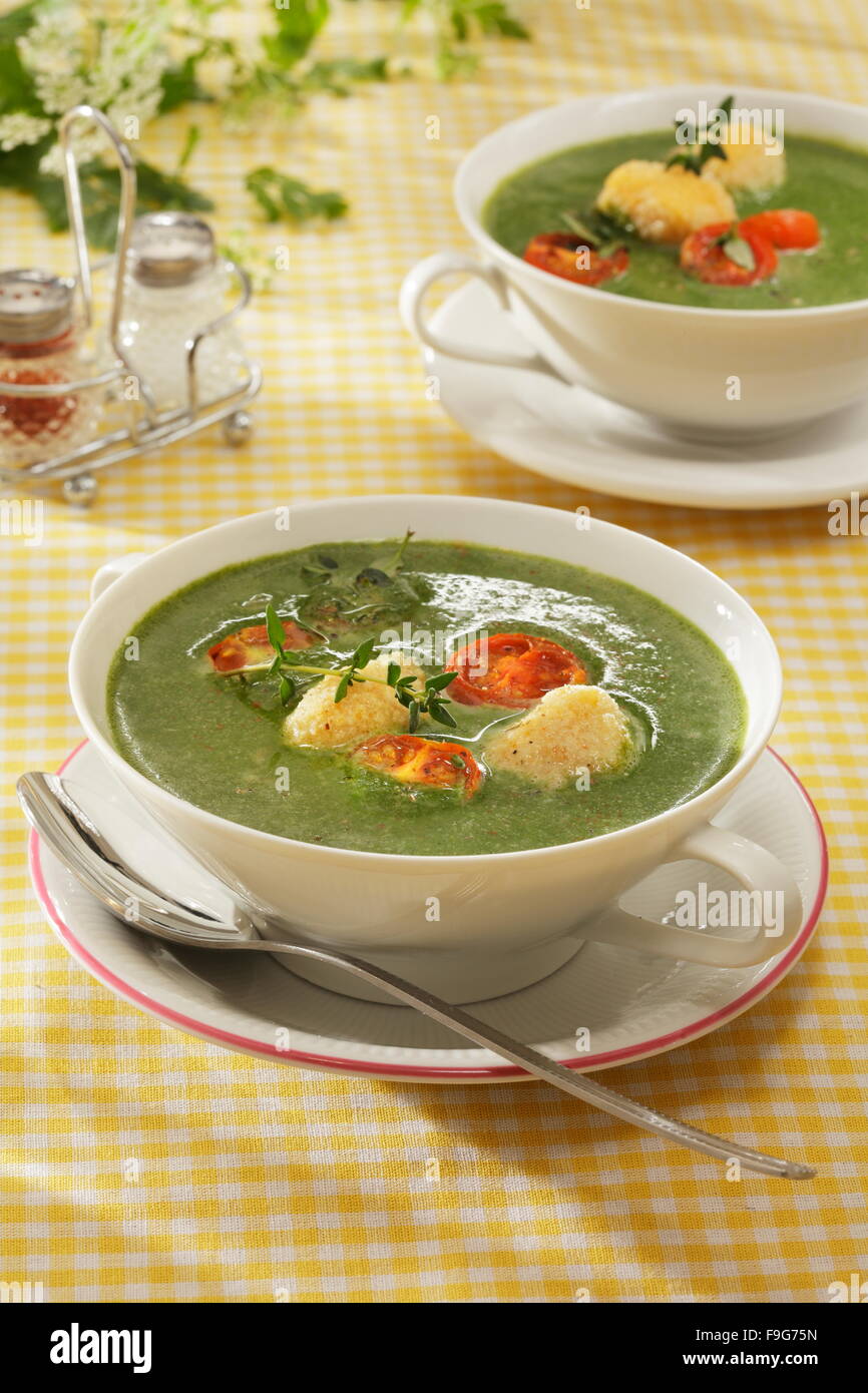 Cremige Spinatsuppe mit gebratener Mozzarella und Cherry-Tomaten ...