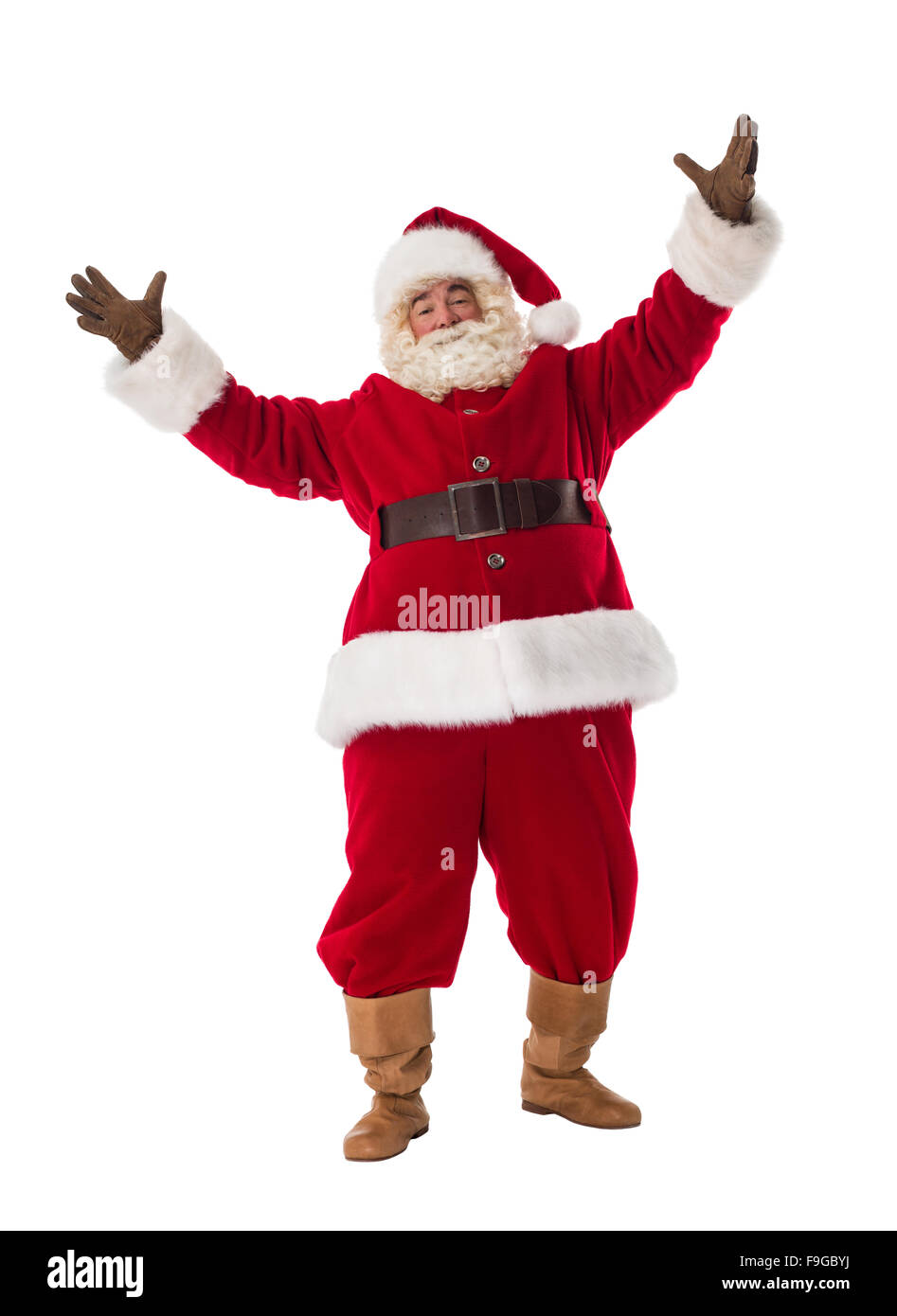 Santa Claus einladend mit offenen Händen voller Portrait Stockfoto